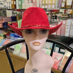 Red Suede & Sequin Trim Cowboy Hat